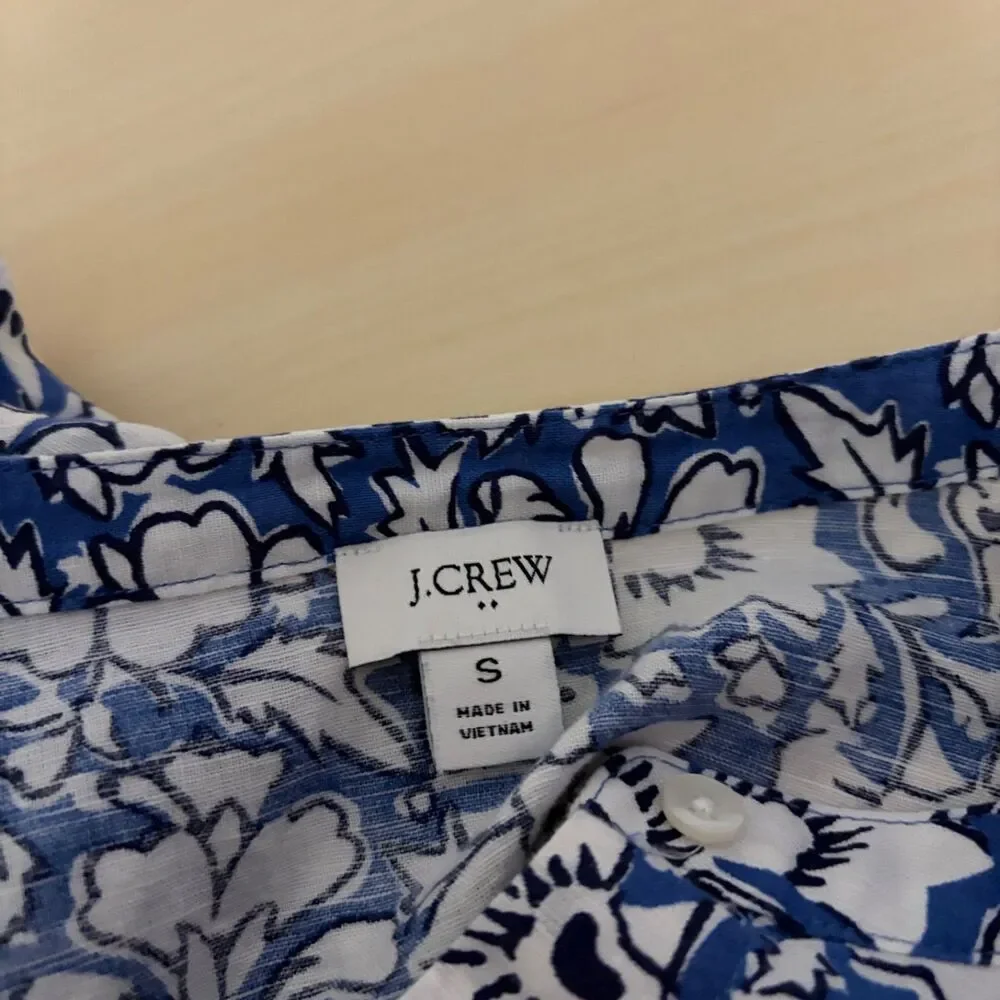 J Crew Blouse Women's Small Blue Floral Button Up Short Sleeve Casual Printed